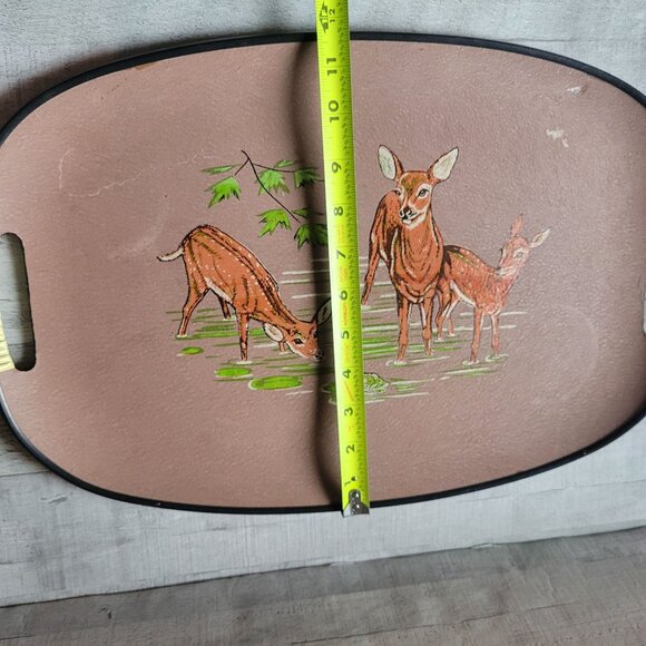 Vintage MCM Serving Tray With Deer at Frog Pond - Brown & Cream Handles Tilso - Picture 7 of 8